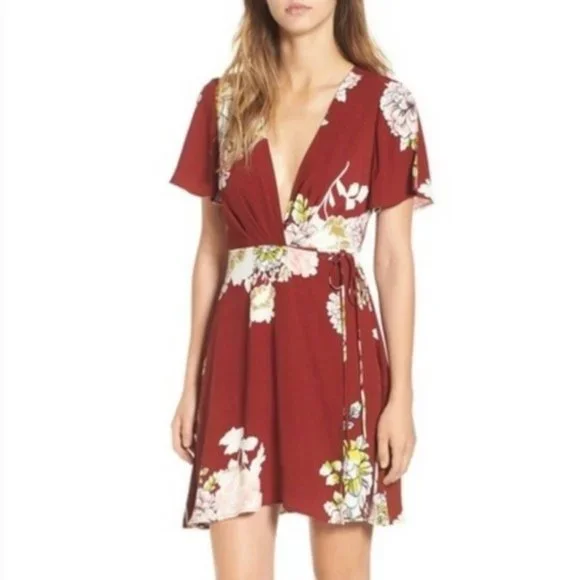 ASTR THE LABEL Nordstrom Rust Plunge Floral Wrap Mini Dress Size M